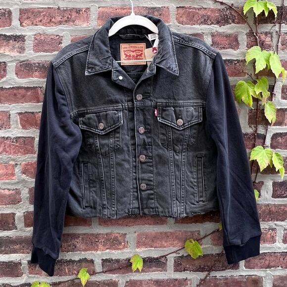 NEW Size XS Levis Ex Boyfriend Denim Hybrid Trucker Jean Jacket Washed Black - Picture 3 of 9
